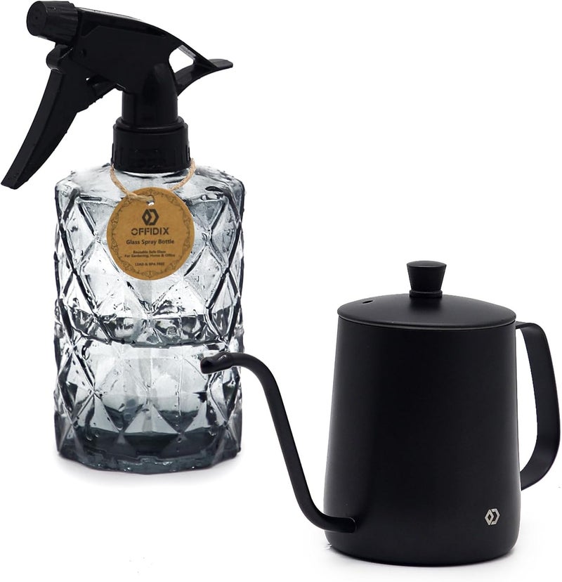 OFFIDIX Watering Can for Indoor Plants,Long Spout Metal Stainless Steel 21 oz/600 ml Watering Can with 14 oz/400ml Glass Plant Mister Spray Bottle for Plant Bonsai - Image 1